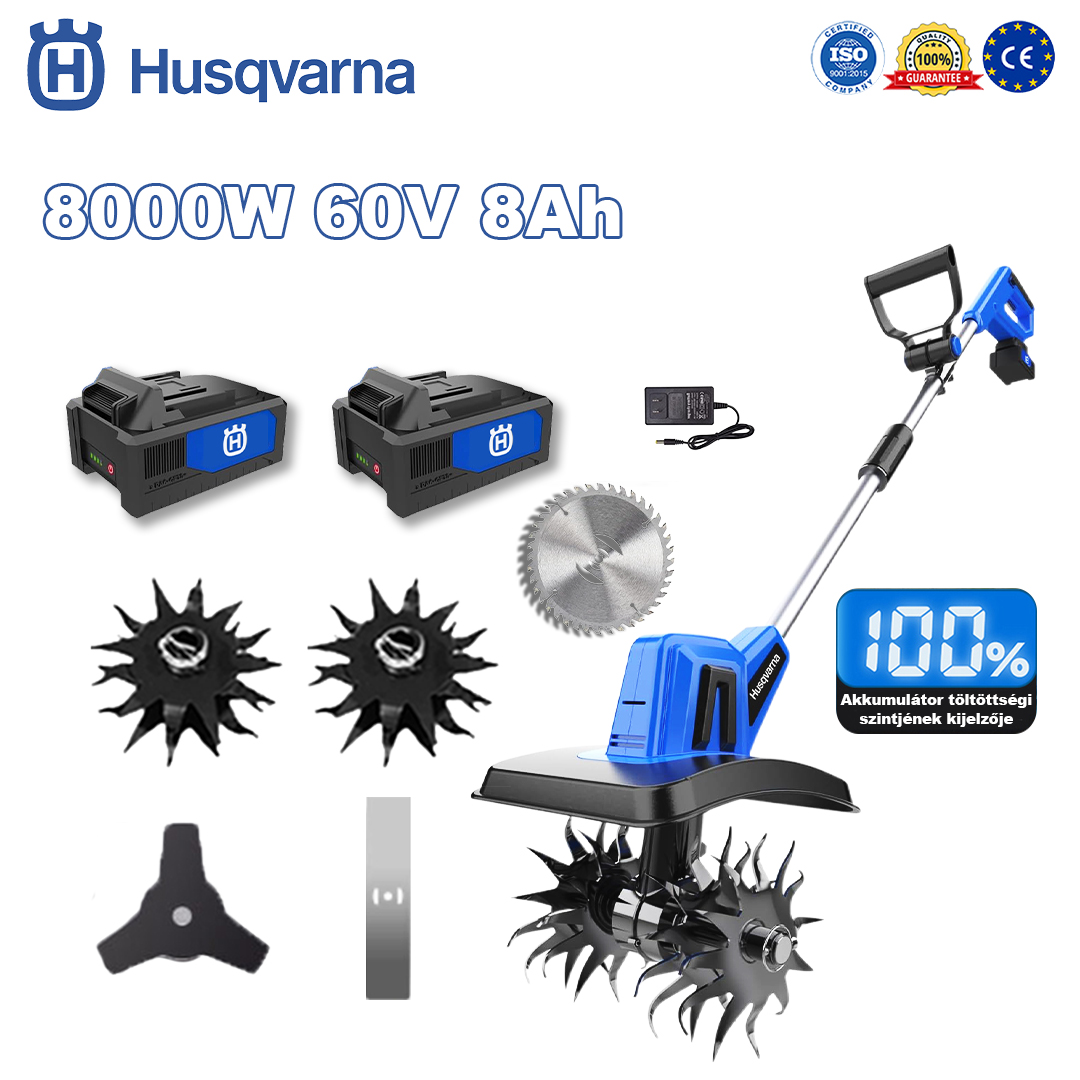 Husqvarna 8000W-os kultivátor * 1 + 60V 8.0Ah akkumulátor * 1 + Gyorstöltő * 1 + Ekefej * 2 + Körfűrészlap * 1 + Egyenes fűrészlap * 1 + Háromszög alakú fűrészlap * 1 + Kesztyű * 1 + Védőszemüveg * 1 + Védősisak * 1 + Csavarhúzó * 1 + Védőruházat * 1 + Kenőolaj * 1 + 5 év garanciajegy * 1