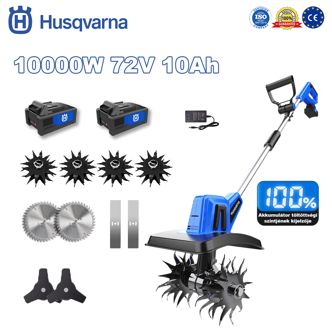Husqvarna 10000W-os kultivátor * 1 + 72V 10.0Ah akkumulátor * 2 + gyorstöltő * 1 + ekefej * 4 + körfűrészlap * 2 + egyenes fűrészlap * 2 + háromszög alakú fűrészlap * 2 + kesztyű * 1 + védőszemüveg * 1 + védősisak * 1 + csavarhúzó * 1 + védőruházat * 1 + kenőolaj * 1 + 5 év garanciajegy * 1