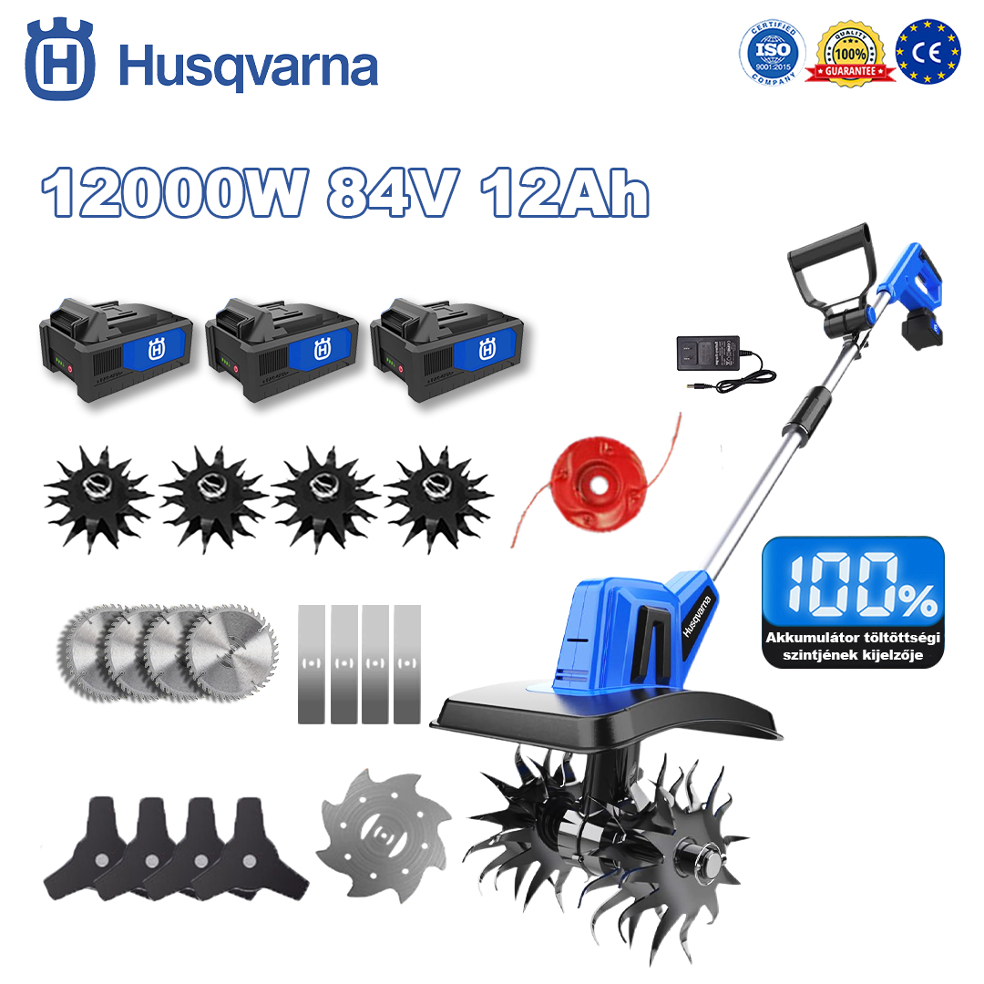 Husqvarna 12000W kultivátor * 1 + 3 x 84V 12Ah akkumulátor * 1 + gyorstöltő * 1 + ekefej * 4 + körfűrészlap * 4 + egyenes fűrészlap * 4 + alumínium fűrészlap * 1 + háromszög alakú fűrészlap * 4 + alumínium vágókötél * 1 + kesztyű * 1 + védőszemüveg * 1 + védősisak * 1 + csavarhúzó * 1 + védőruházat * 1 + kenőolaj * 1 + 5 év garanciajegy * 1